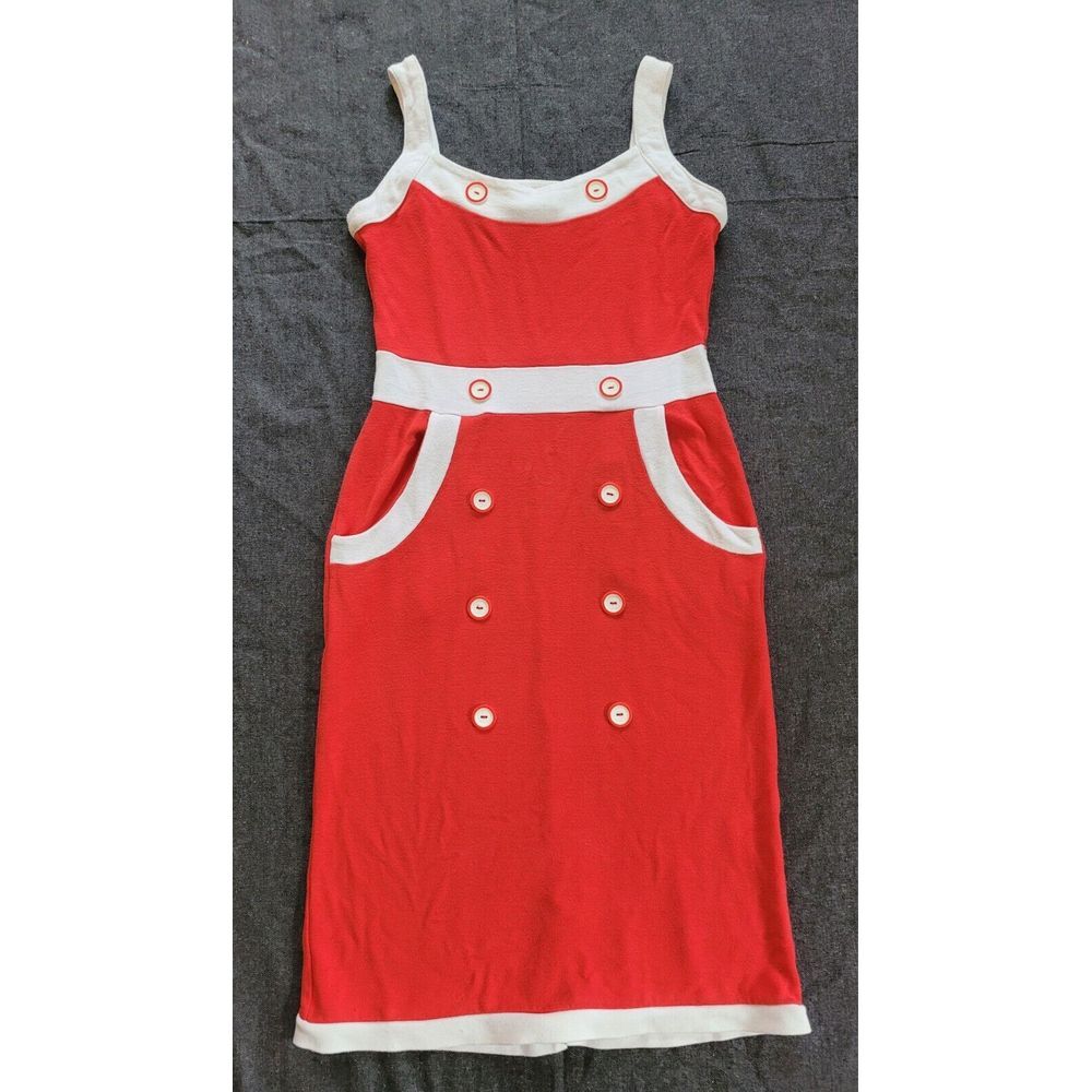 Vintage Red & White Summer Euro Button Dress S/M Retro Midi‎ Bodycon Wiggle